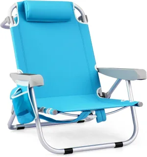 GYMAX Beach Chair, 330lbs Backpack Lounger with 5-Position Backrest, Storage Bag, Side Pocket, Towel Bar & Headrest, Foldable Low Beach Lounge, Portable Aluminum Lay Out Camp Chair (1, Light Blue)
