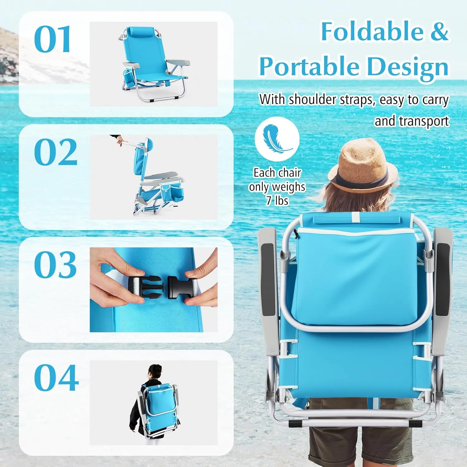 GYMAX Beach Chair, 330lbs Backpack Lounger with 5-Position Backrest, Storage Bag, Side Pocket, Towel Bar & Headrest, Foldable Low Beach Lounge, Portable Aluminum Lay Out Camp Chair (1, Light Blue)