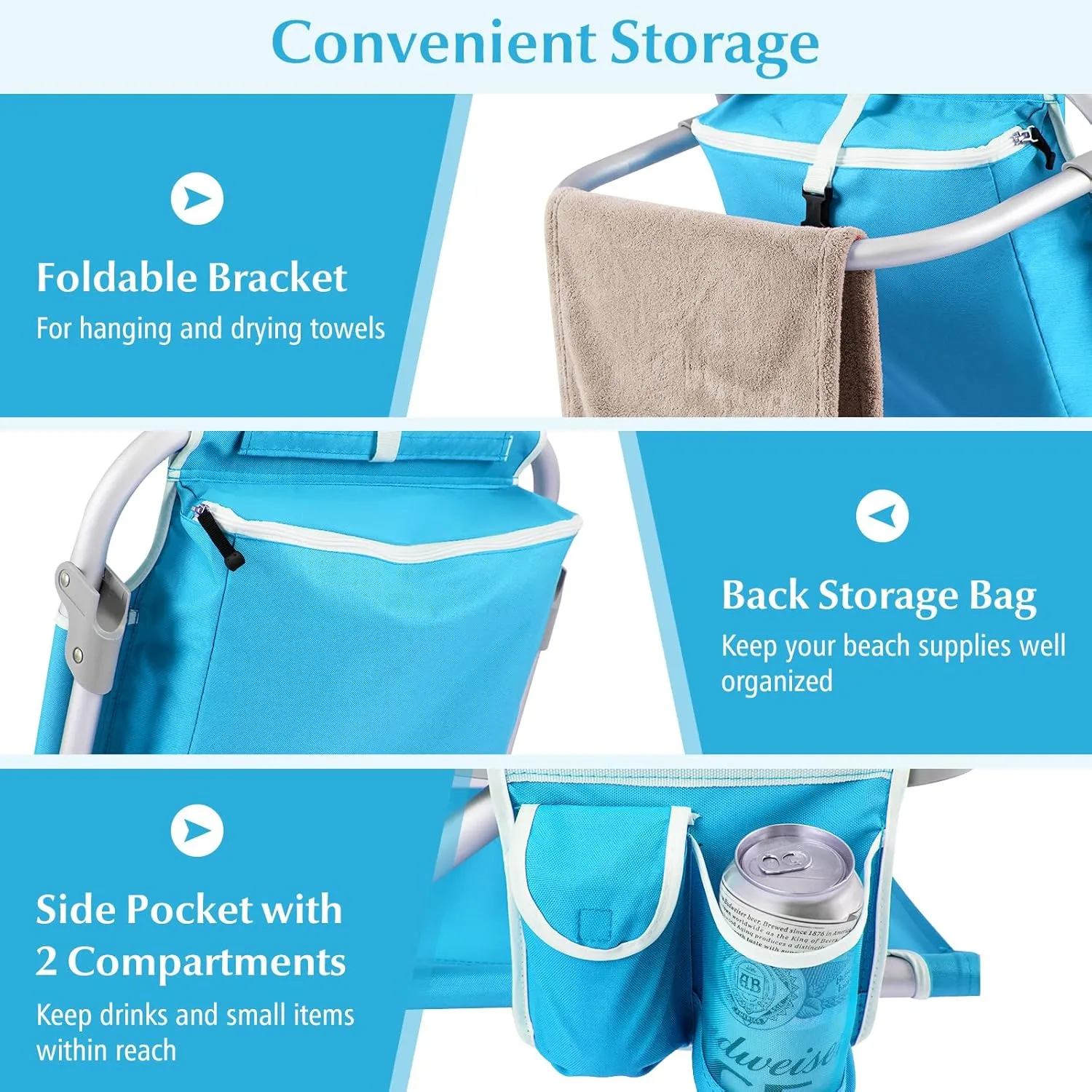 GYMAX Beach Chair, 330lbs Backpack Lounger with 5-Position Backrest, Storage Bag, Side Pocket, Towel Bar & Headrest, Foldable Low Beach Lounge, Portable Aluminum Lay Out Camp Chair (1, Light Blue)