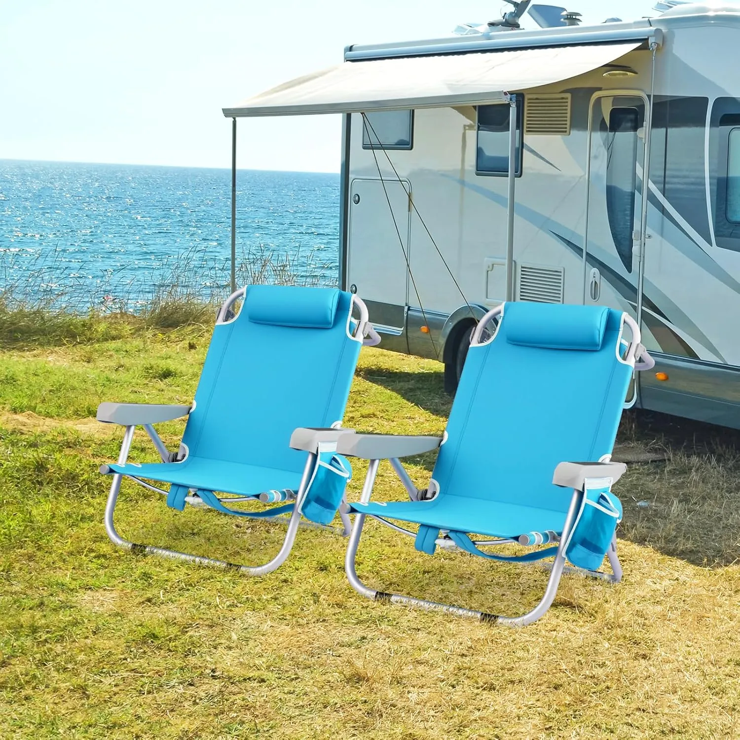 GYMAX Beach Chair, 330lbs Backpack Lounger with 5-Position Backrest, Storage Bag, Side Pocket, Towel Bar & Headrest, Foldable Low Beach Lounge, Portable Aluminum Lay Out Camp Chair (1, Light Blue)