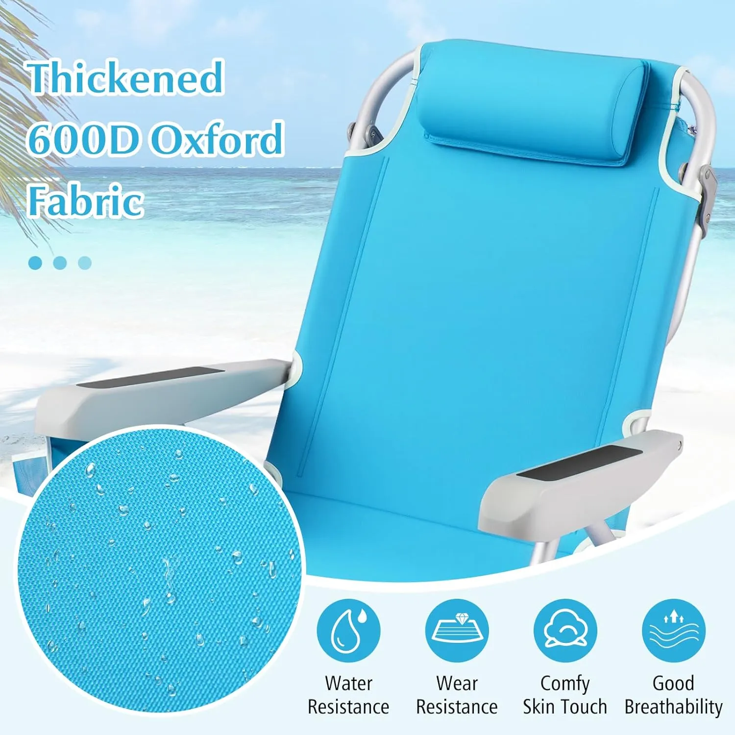 GYMAX Beach Chair, 330lbs Backpack Lounger with 5-Position Backrest, Storage Bag, Side Pocket, Towel Bar & Headrest, Foldable Low Beach Lounge, Portable Aluminum Lay Out Camp Chair (1, Light Blue)