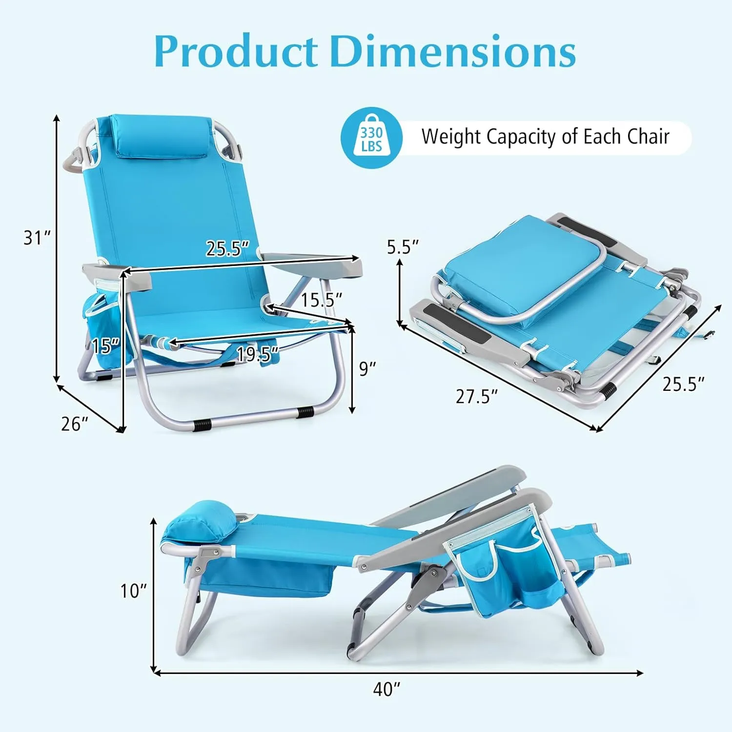 GYMAX Beach Chair, 330lbs Backpack Lounger with 5-Position Backrest, Storage Bag, Side Pocket, Towel Bar & Headrest, Foldable Low Beach Lounge, Portable Aluminum Lay Out Camp Chair (1, Light Blue)