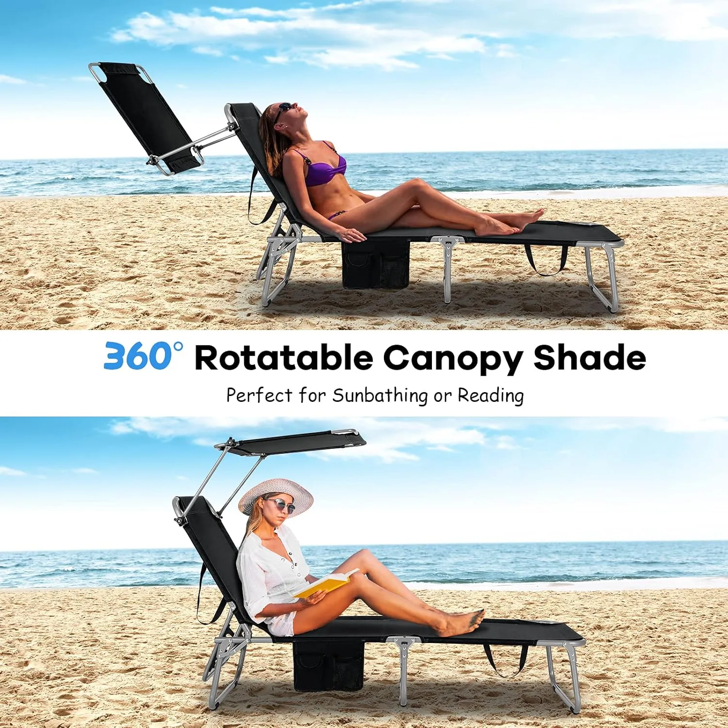 GYMAX Beach Chair with Canopy Shade, Folding Tanning Lounge with Adjustable Backrest, Carry Handle & Side Pocket, Sunbathing Chair for Outside, Patio, Poolside, Lawn (1, Black)