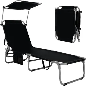 GYMAX Beach Chair with Canopy Shade, Folding Tanning Lounge with Adjustable Backrest, Carry Handle & Side Pocket, Sunbathing Chair for Outside, Patio, Poolside, Lawn (1, Black)