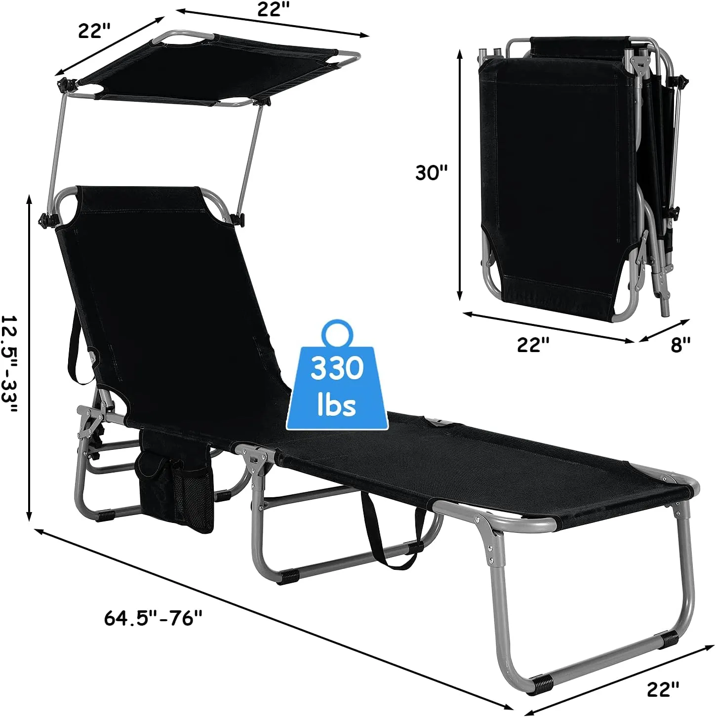 GYMAX Beach Chair with Canopy Shade, Folding Tanning Lounge with Adjustable Backrest, Carry Handle & Side Pocket, Sunbathing Chair for Outside, Patio, Poolside, Lawn (1, Black)