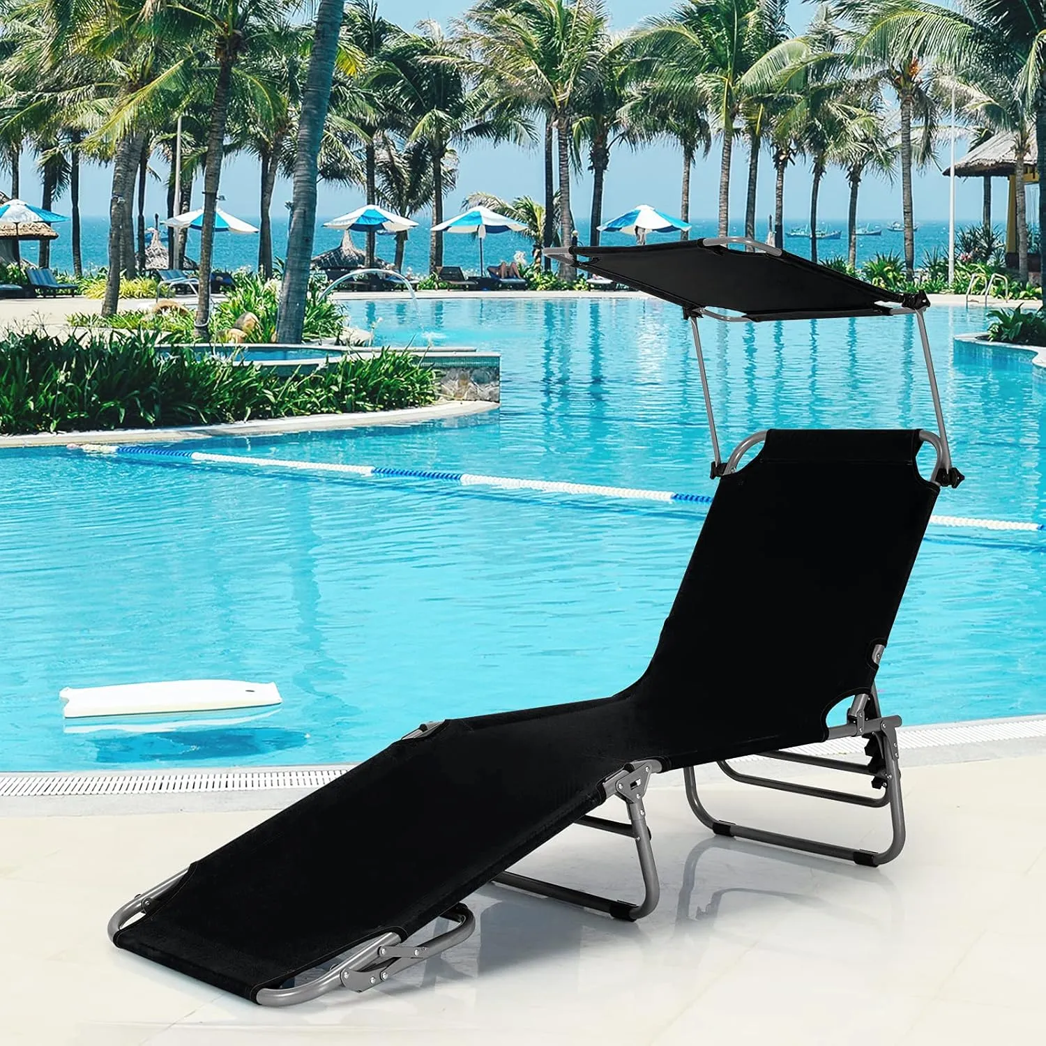 GYMAX Beach Chair with Canopy Shade, Folding Tanning Lounge with Adjustable Backrest, Carry Handle & Side Pocket, Sunbathing Chair for Outside, Patio, Poolside, Lawn (1, Black)