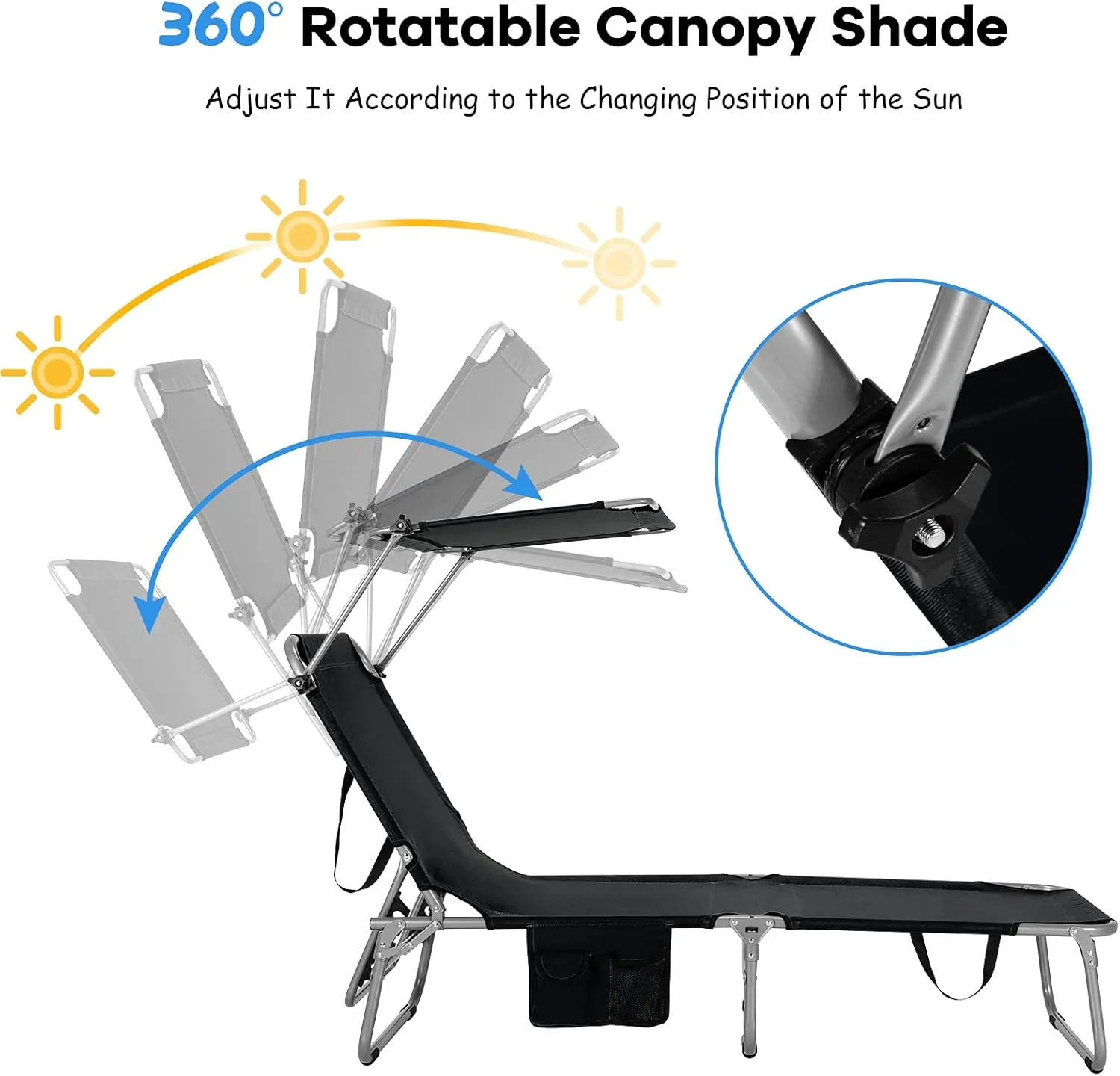 GYMAX Beach Chair with Canopy Shade, Folding Tanning Lounge with Adjustable Backrest, Carry Handle & Side Pocket, Sunbathing Chair for Outside, Patio, Poolside, Lawn (1, Black)