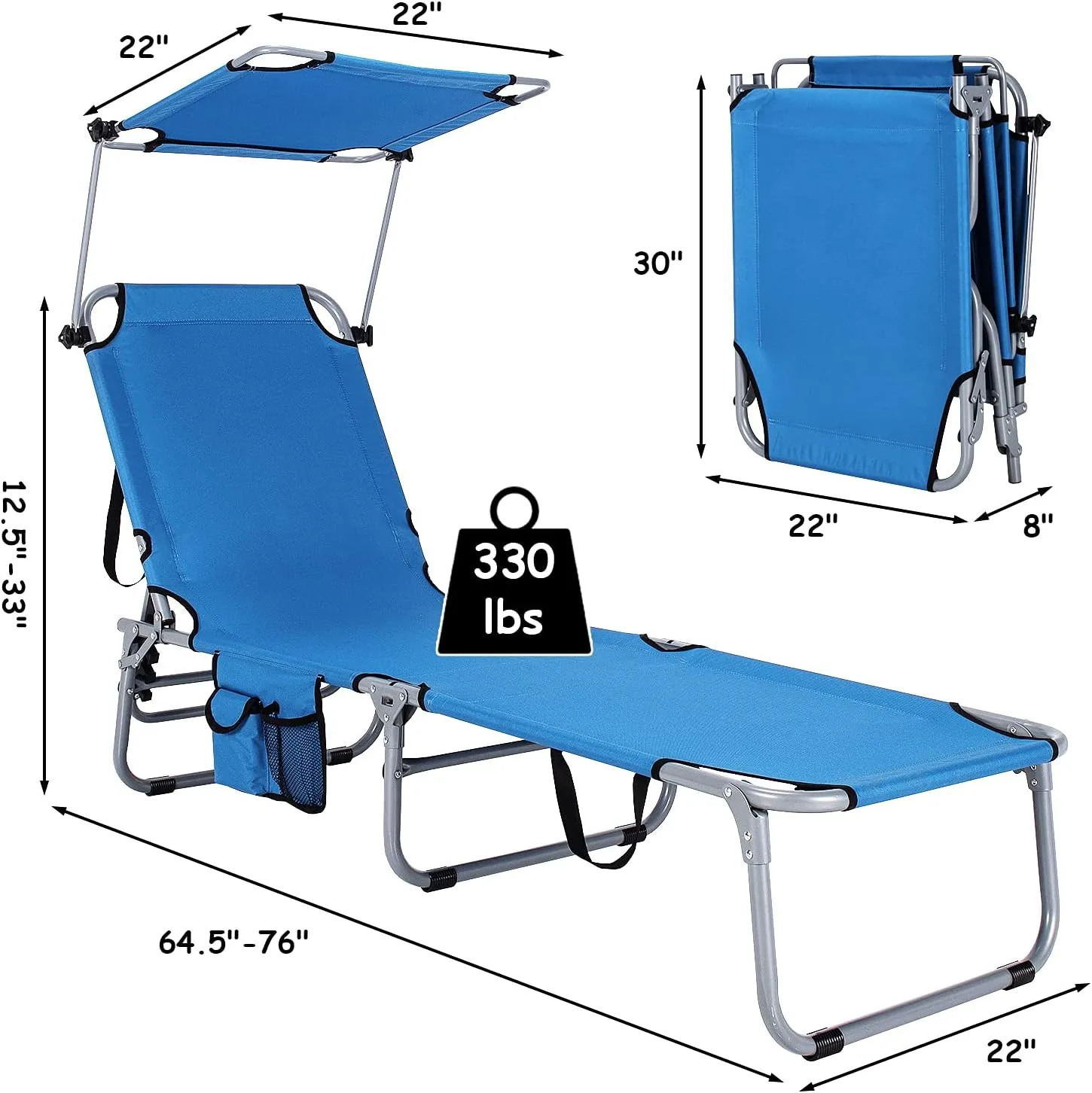 GYMAX Beach Chair with Canopy Shade, Folding Tanning Lounge with Adjustable Backrest, Carry Handle & Side Pocket, Sunbathing Chair for Outside, Patio, Poolside, Lawn (1, Navy)