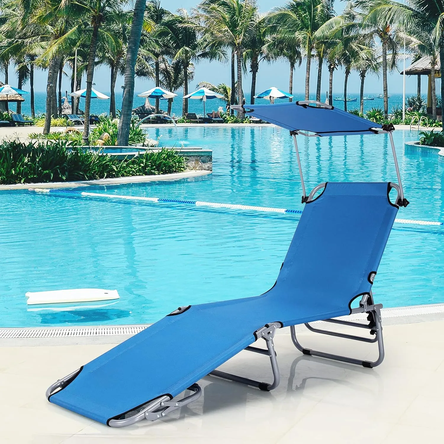 GYMAX Beach Chair with Canopy Shade, Folding Tanning Lounge with Adjustable Backrest, Carry Handle & Side Pocket, Sunbathing Chair for Outside, Patio, Poolside, Lawn (1, Navy)