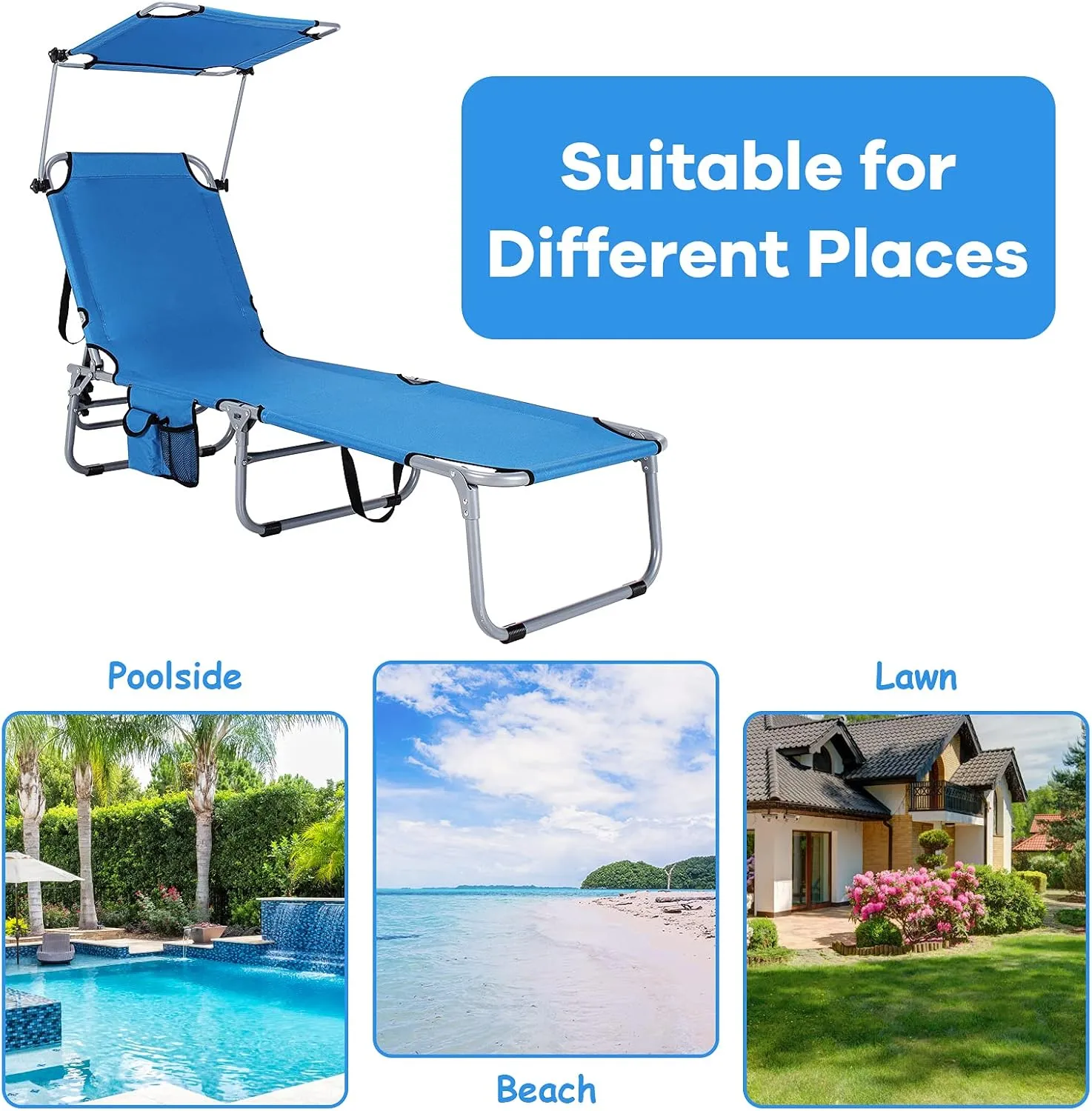 GYMAX Beach Chair with Canopy Shade, Folding Tanning Lounge with Adjustable Backrest, Carry Handle & Side Pocket, Sunbathing Chair for Outside, Patio, Poolside, Lawn (1, Navy)