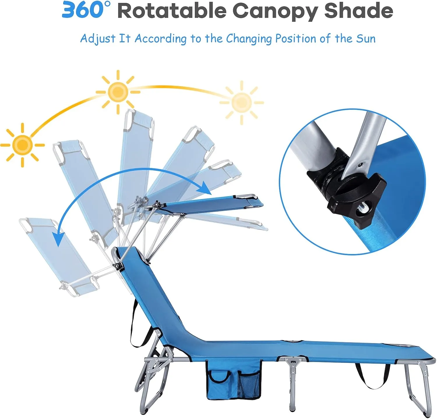 GYMAX Beach Chair with Canopy Shade, Folding Tanning Lounge with Adjustable Backrest, Carry Handle & Side Pocket, Sunbathing Chair for Outside, Patio, Poolside, Lawn (1, Navy)