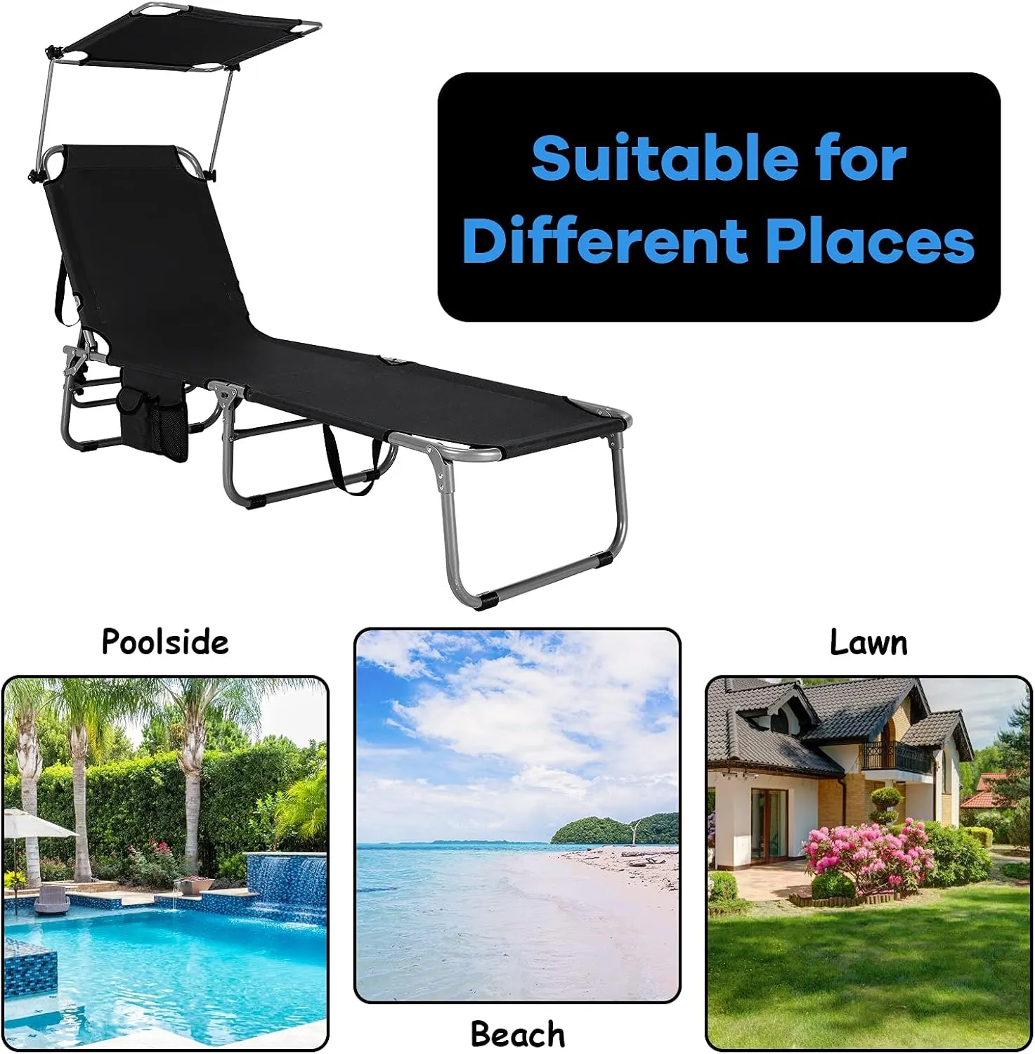 GYMAX Beach Chair with Canopy Shade, Folding Tanning Lounge with Adjustable Backrest, Carry Handle & Side Pocket, Sunbathing Chair for Outside, Patio, Poolside, Lawn (2, Black)