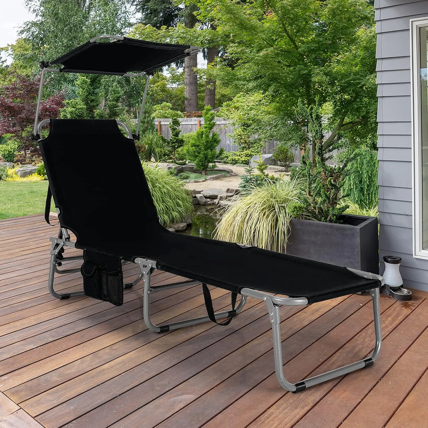 GYMAX Beach Chair with Canopy Shade, Folding Tanning Lounge with Adjustable Backrest, Carry Handle & Side Pocket, Sunbathing Chair for Outside, Patio, Poolside, Lawn (2, Black)