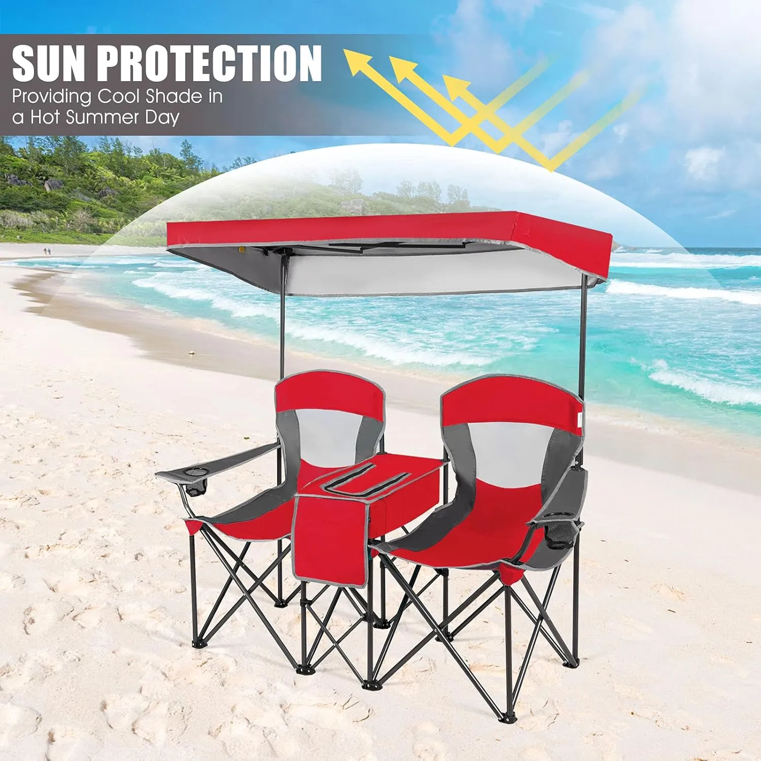 GYMAX Double Camping Chair, Beach Chair with Canopy Shade, Adjustable UV Protection, Cooler, Cup Holder & Carry Bag, Folding Portable Lawn Soccer Camp Chair with Umbrella for Adults (Red, 2 Person)