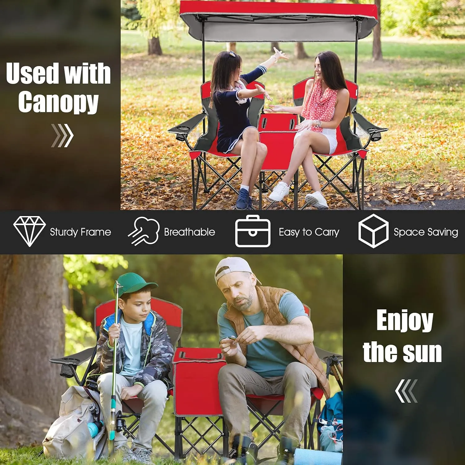 GYMAX Double Camping Chair, Beach Chair with Canopy Shade, Adjustable UV Protection, Cooler, Cup Holder & Carry Bag, Folding Portable Lawn Soccer Camp Chair with Umbrella for Adults (Red, 2 Person)