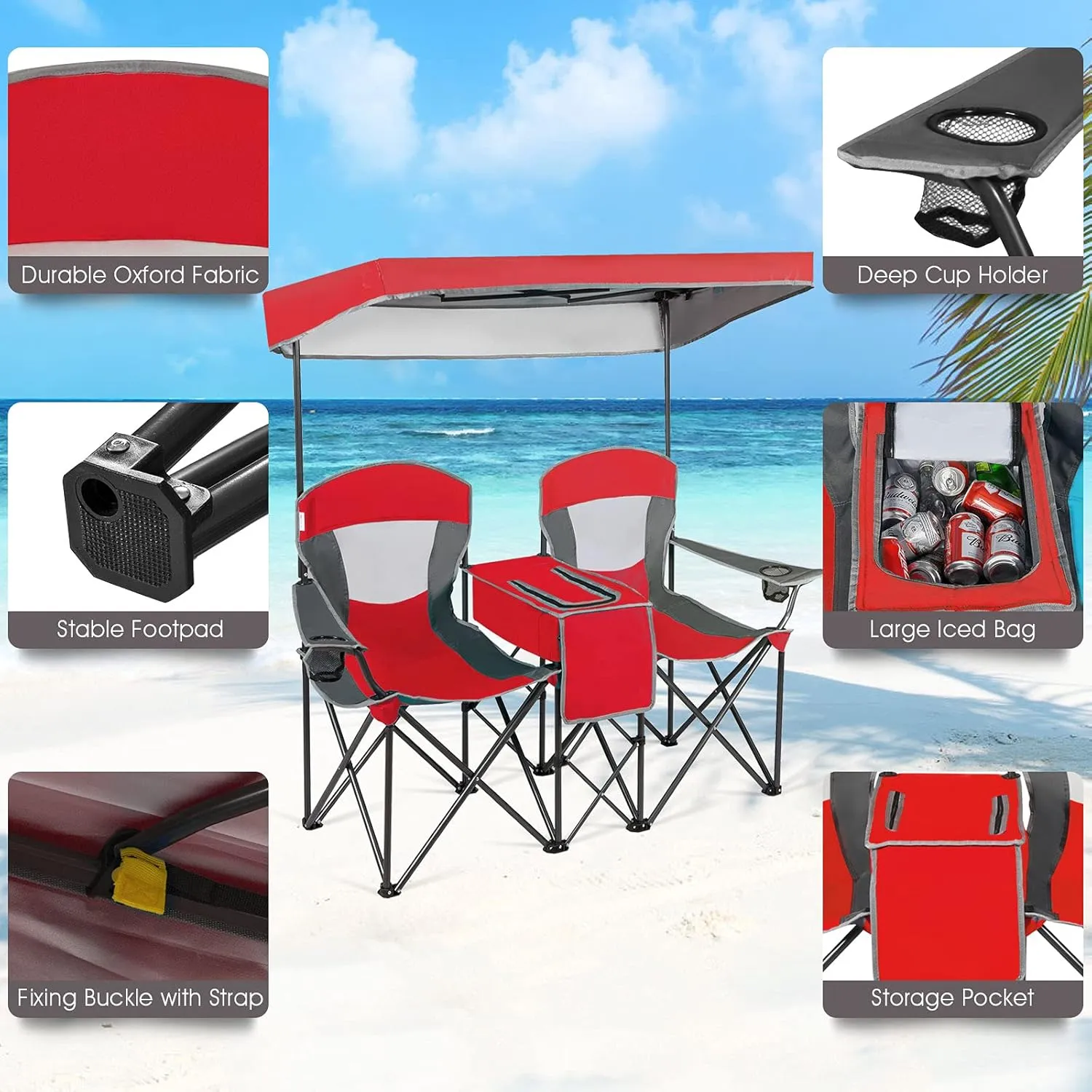 GYMAX Double Camping Chair, Beach Chair with Canopy Shade, Adjustable UV Protection, Cooler, Cup Holder & Carry Bag, Folding Portable Lawn Soccer Camp Chair with Umbrella for Adults (Red, 2 Person)
