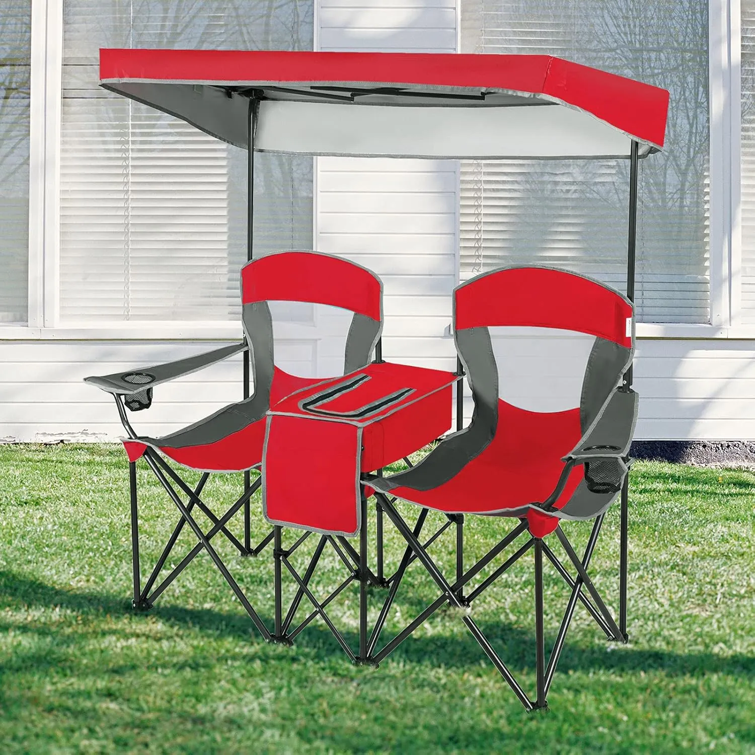 GYMAX Double Camping Chair, Beach Chair with Canopy Shade, Adjustable UV Protection, Cooler, Cup Holder & Carry Bag, Folding Portable Lawn Soccer Camp Chair with Umbrella for Adults (Red, 2 Person)