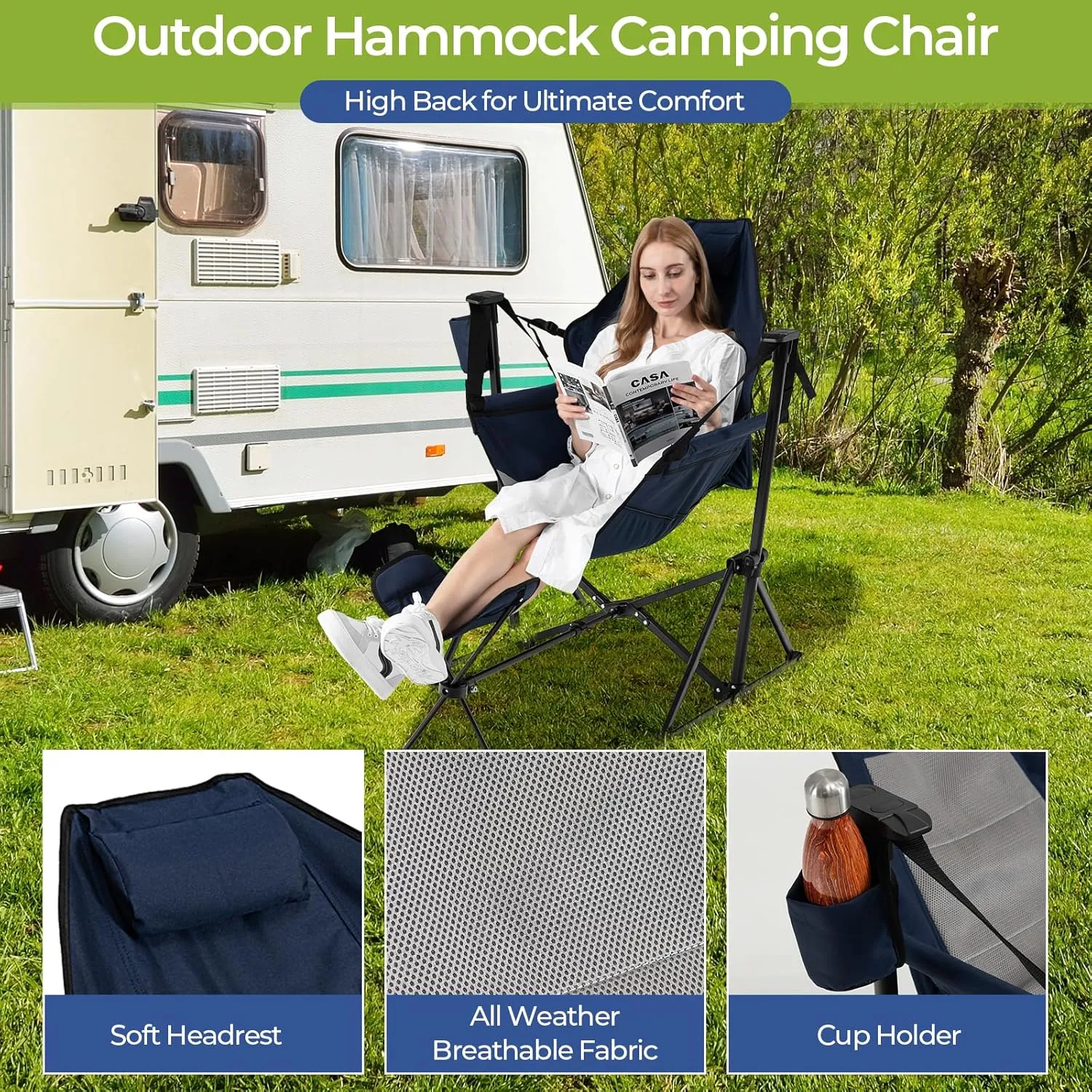GYMAX Hammock Camping Chair, Folding Camp Chair with Detachable Footrest, Adjustable Backrest, Pillow, Cup Holder & Carrying Bag, Portable Rocking Camping Chairs for Beach Lawn Fishing (1, Navy)