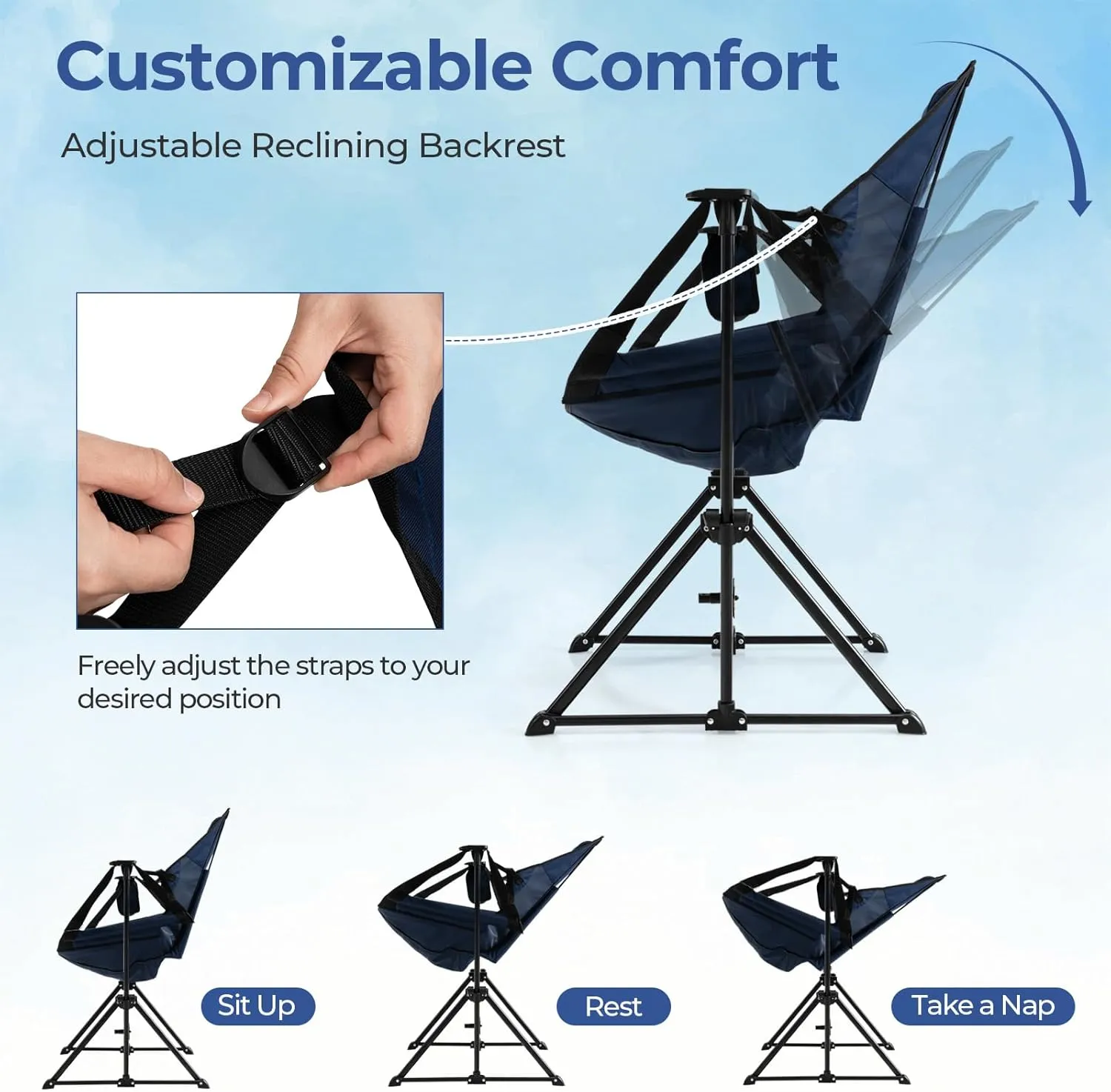 GYMAX Hammock Camping Chair, Folding Camp Chair with Detachable Footrest, Adjustable Backrest, Pillow, Cup Holder & Carrying Bag, Portable Rocking Camping Chairs for Beach Lawn Fishing (1, Navy)