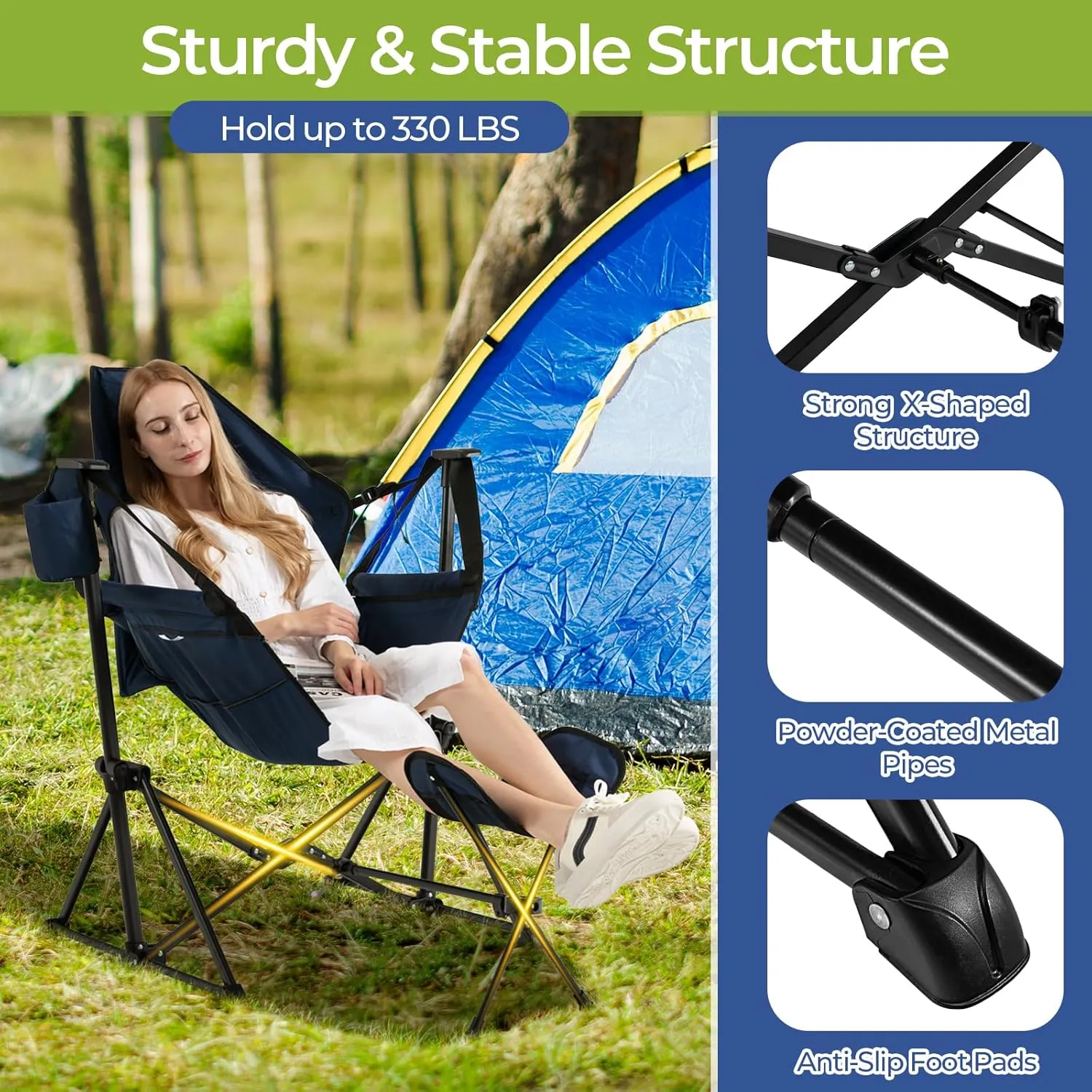 GYMAX Hammock Camping Chair, Folding Camp Chair with Detachable Footrest, Adjustable Backrest, Pillow, Cup Holder & Carrying Bag, Portable Rocking Camping Chairs for Beach Lawn Fishing (1, Navy)