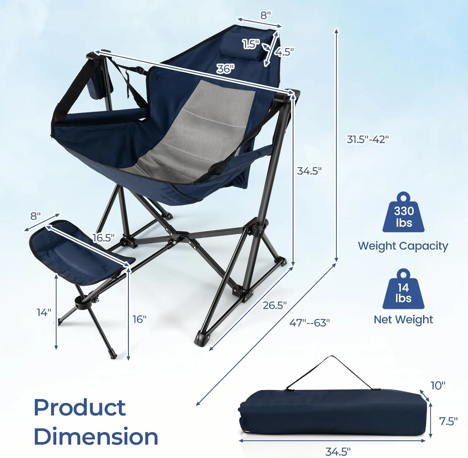 GYMAX Hammock Camping Chair, Folding Camp Chair with Detachable Footrest, Adjustable Backrest, Pillow, Cup Holder & Carrying Bag, Portable Rocking Camping Chairs for Beach Lawn Fishing (1, Navy)
