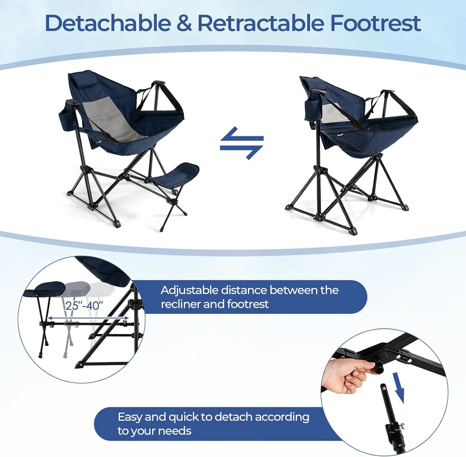 GYMAX Hammock Camping Chair, Folding Camp Chair with Detachable Footrest, Adjustable Backrest, Pillow, Cup Holder & Carrying Bag, Portable Rocking Camping Chairs for Beach Lawn Fishing (1, Navy)