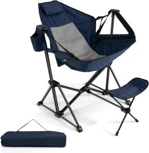 GYMAX Hammock Camping Chair, Folding Camp Chair with Detachable Footrest, Adjustable Backrest, Pillow, Cup Holder & Carrying Bag, Portable Rocking Camping Chairs for Beach Lawn Fishing (1, Navy)