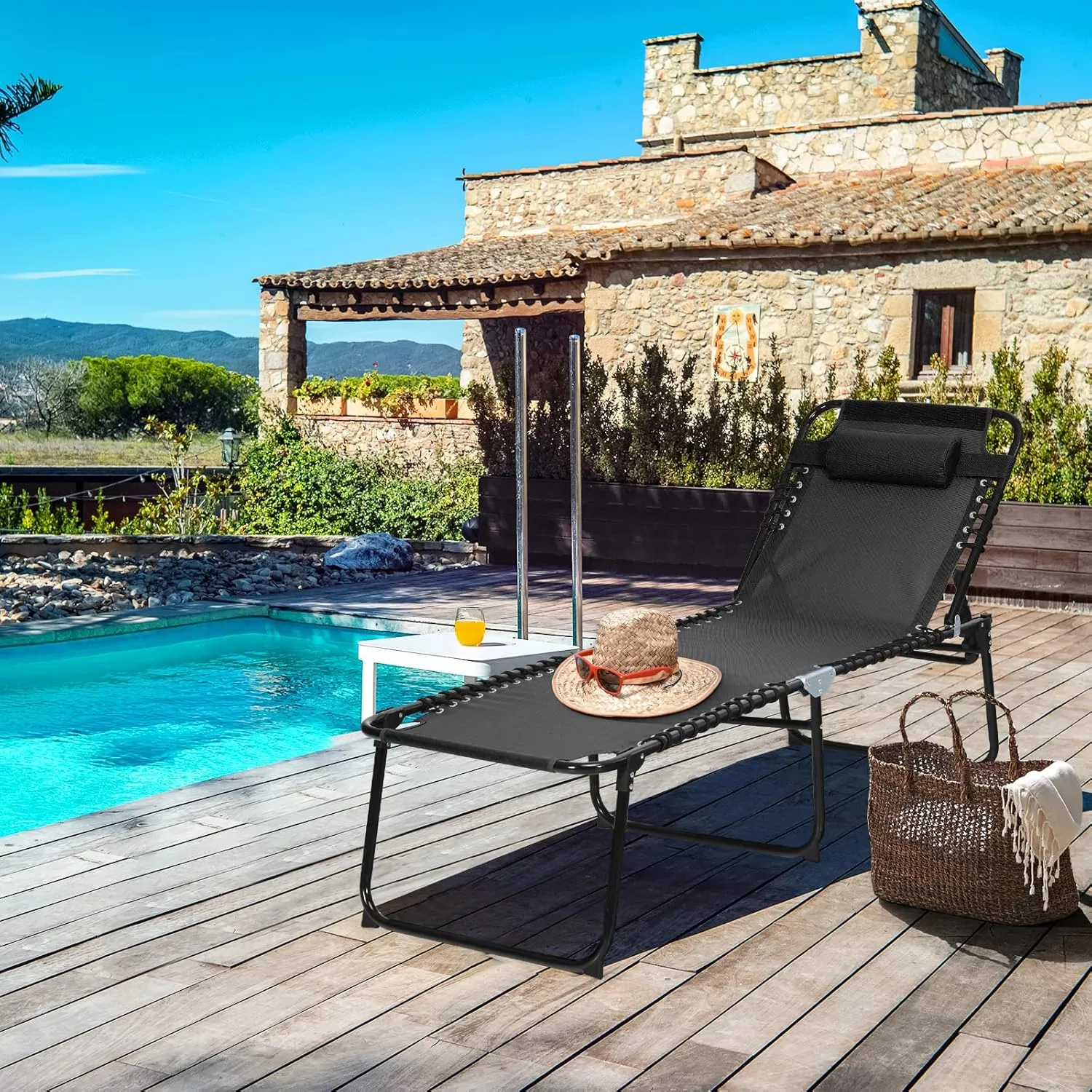 GYMAX Lounge Chairs for Outside, Extra High Folding Beach Tanning Lounger with 4-Level Adjustable Backrest, 2-Level Footrest & Removable Pillow, Sunbathing Lounge for Patio, Lawn, Poolside (1, Black)