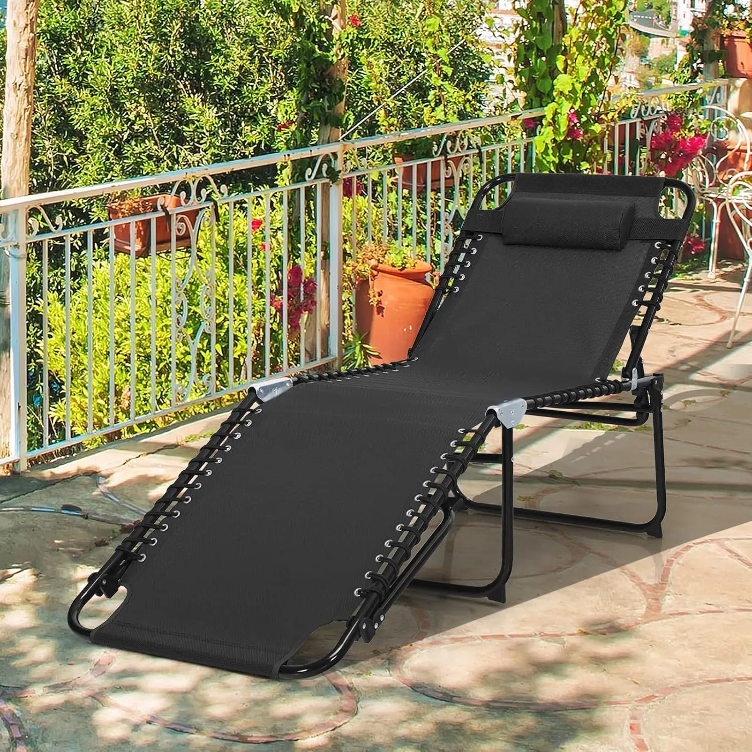 GYMAX Lounge Chairs for Outside, Extra High Folding Beach Tanning Lounger with 4-Level Adjustable Backrest, 2-Level Footrest & Removable Pillow, Sunbathing Lounge for Patio, Lawn, Poolside (1, Black)