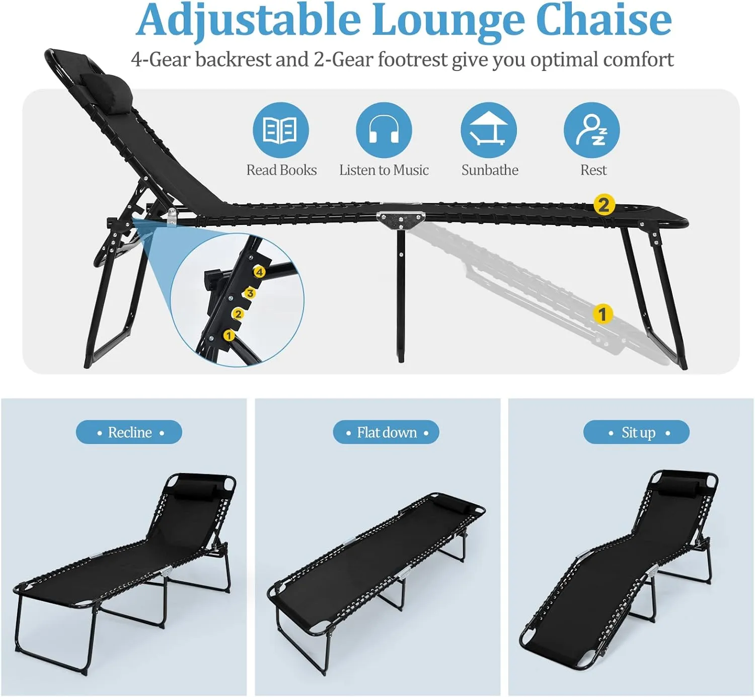 GYMAX Lounge Chairs for Outside, Extra High Folding Beach Tanning Lounger with 4-Level Adjustable Backrest, 2-Level Footrest & Removable Pillow, Sunbathing Lounge for Patio, Lawn, Poolside (1, Black)