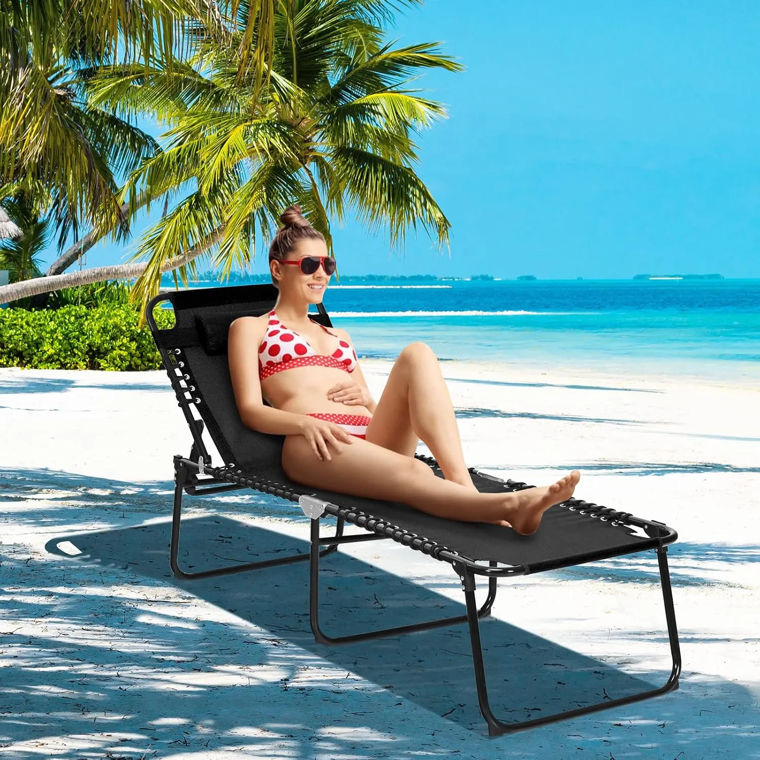 GYMAX Lounge Chairs for Outside, Extra High Folding Beach Tanning Lounger with 4-Level Adjustable Backrest, 2-Level Footrest & Removable Pillow, Sunbathing Lounge for Patio, Lawn, Poolside (1, Black)