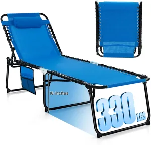 GYMAX Lounge Chairs for Outside, Extra High Folding Beach Tanning Lounger with Adjustable Backrest, Footrest & Removable Pillow, Sunbathing Lounge for Patio, Poolside (1, Navy with Pocket)