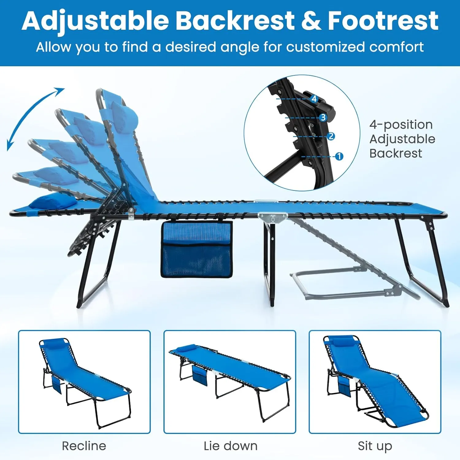 GYMAX Lounge Chairs for Outside, Extra High Folding Beach Tanning Lounger with Adjustable Backrest, Footrest & Removable Pillow, Sunbathing Lounge for Patio, Poolside (1, Navy with Pocket)