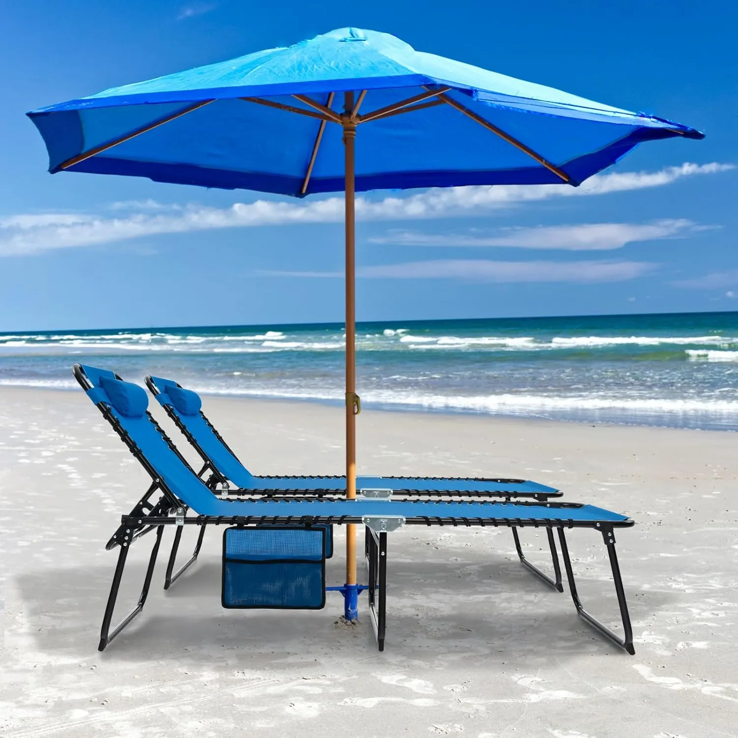 GYMAX Lounge Chairs for Outside, Extra High Folding Beach Tanning Lounger with Adjustable Backrest, Footrest & Removable Pillow, Sunbathing Lounge for Patio, Poolside (1, Navy with Pocket)