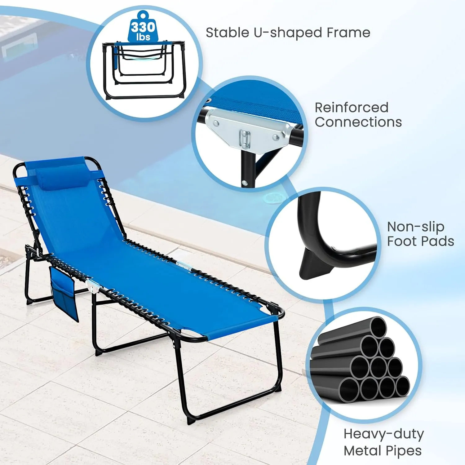 GYMAX Lounge Chairs for Outside, Extra High Folding Beach Tanning Lounger with Adjustable Backrest, Footrest & Removable Pillow, Sunbathing Lounge for Patio, Poolside (1, Navy with Pocket)