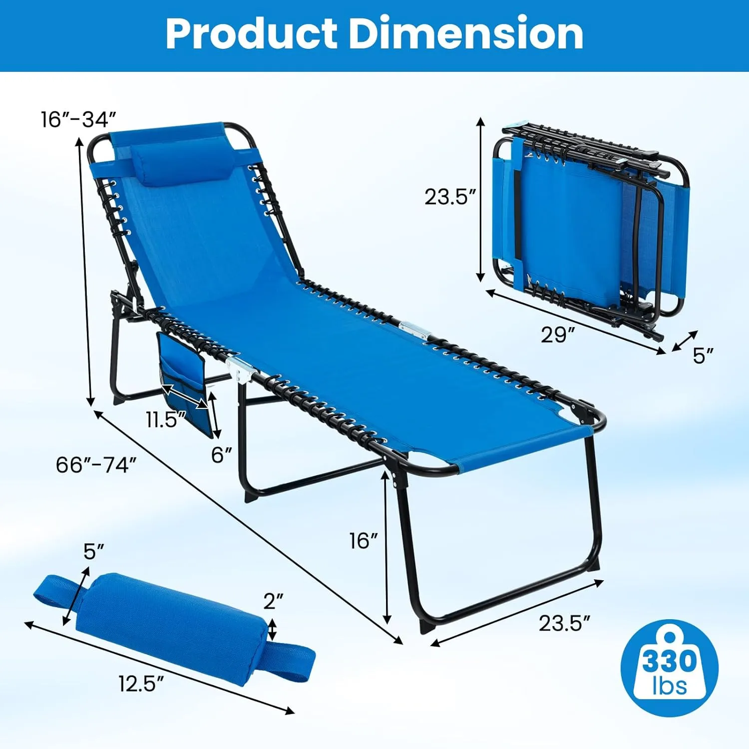 GYMAX Lounge Chairs for Outside, Extra High Folding Beach Tanning Lounger with Adjustable Backrest, Footrest & Removable Pillow, Sunbathing Lounge for Patio, Poolside (1, Navy with Pocket)