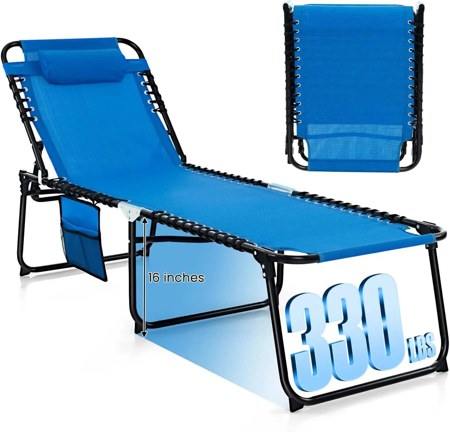 GYMAX Lounge Chairs for Outside, Extra High Folding Beach Tanning Lounger with Adjustable Backrest, Footrest & Removable Pillow, Sunbathing Lounge for Patio, Poolside (1, Navy with Pocket)
