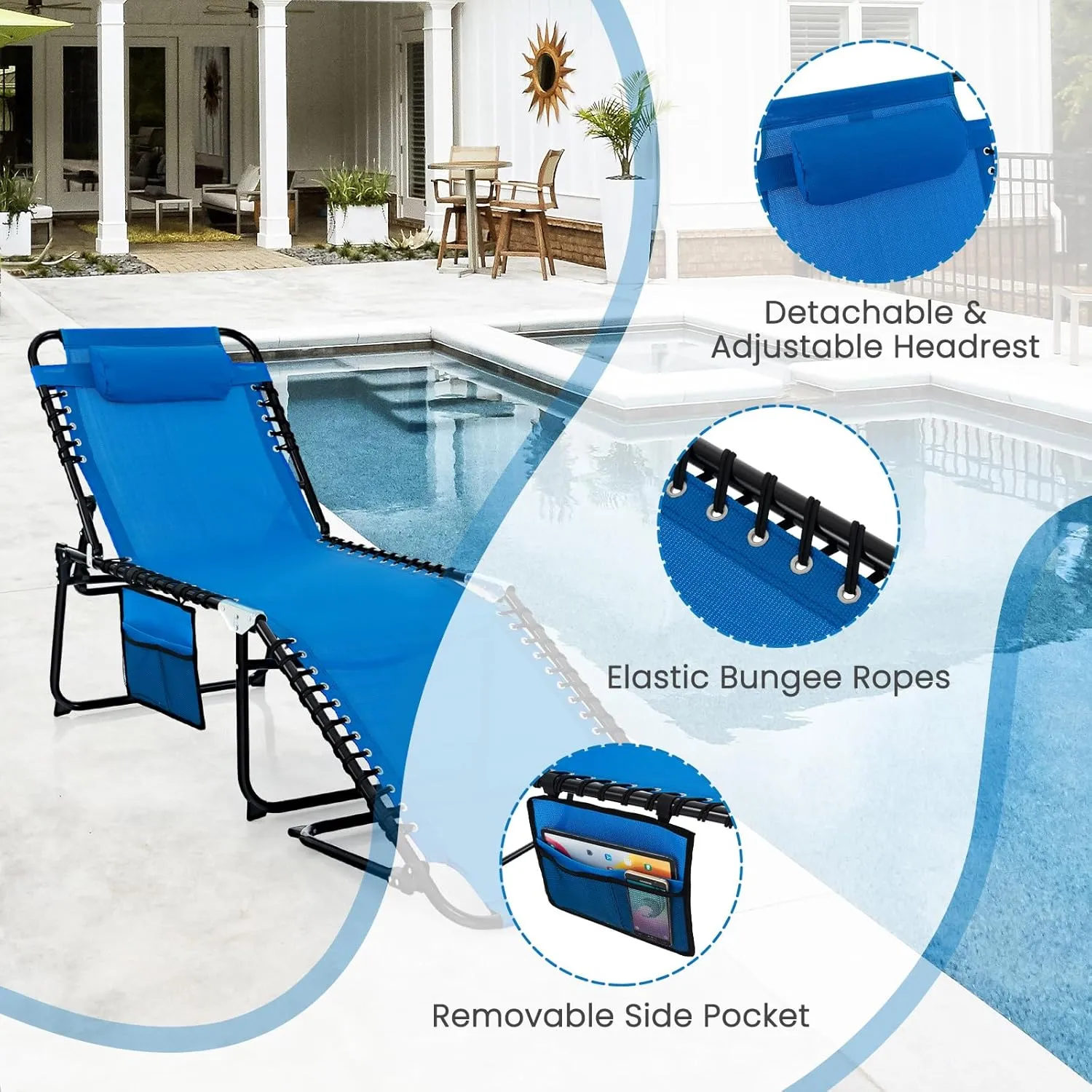 GYMAX Lounge Chairs for Outside, Extra High Folding Beach Tanning Lounger with Adjustable Backrest, Footrest & Removable Pillow, Sunbathing Lounge for Patio, Poolside (1, Navy with Pocket)