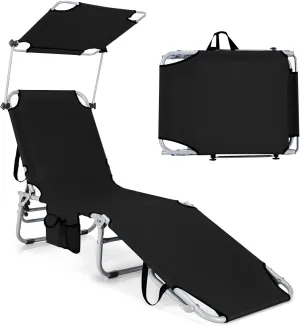 GYMAX Modern Black Outdoor Lounge Chair with Canopy, 5 Level Adjustable Layout Chaise Lounge for Outside, Folding Sunbath Chair for Outdoor, Patio, Poolside