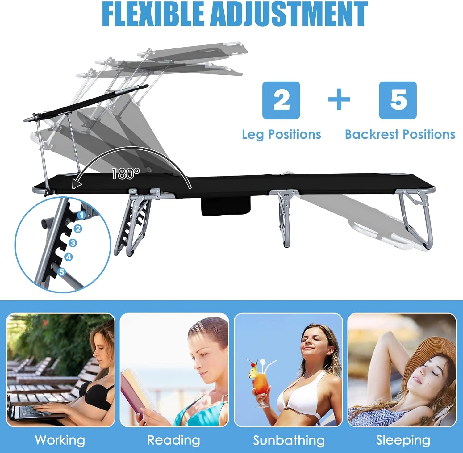 GYMAX Modern Black Outdoor Lounge Chair with Canopy, 5 Level Adjustable Layout Chaise Lounge for Outside, Folding Sunbath Chair for Outdoor, Patio, Poolside