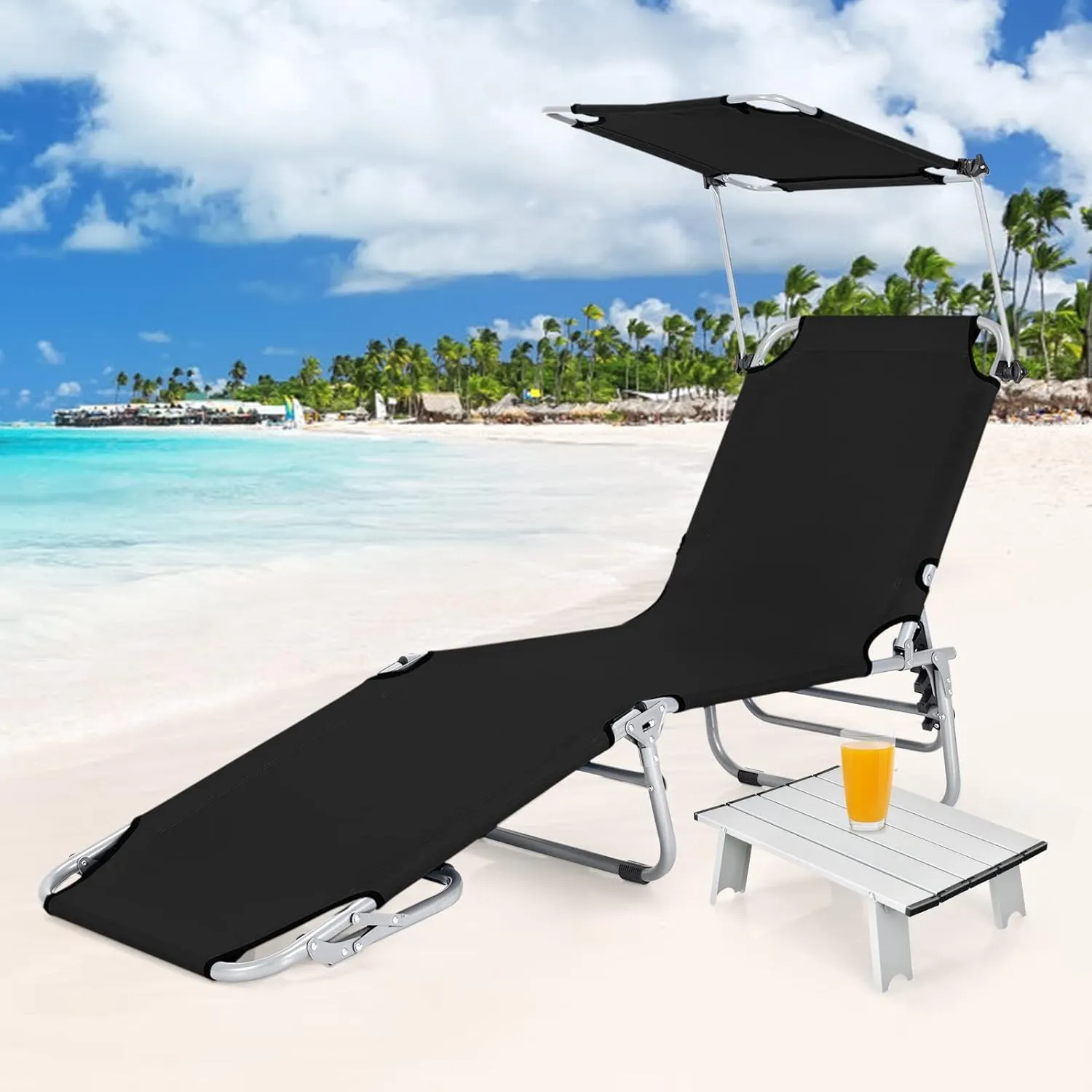 GYMAX Modern Black Outdoor Lounge Chair with Canopy, 5 Level Adjustable Layout Chaise Lounge for Outside, Folding Sunbath Chair for Outdoor, Patio, Poolside