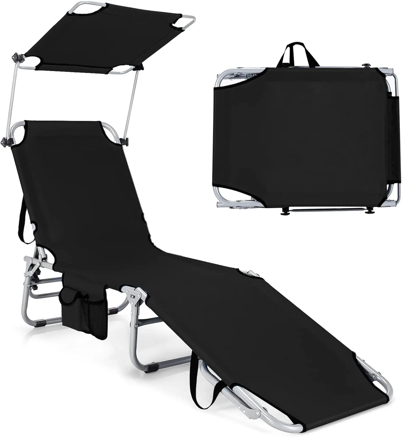GYMAX Modern Black Outdoor Lounge Chair with Canopy, 5 Level Adjustable Layout Chaise Lounge for Outside, Folding Sunbath Chair for Outdoor, Patio, Poolside