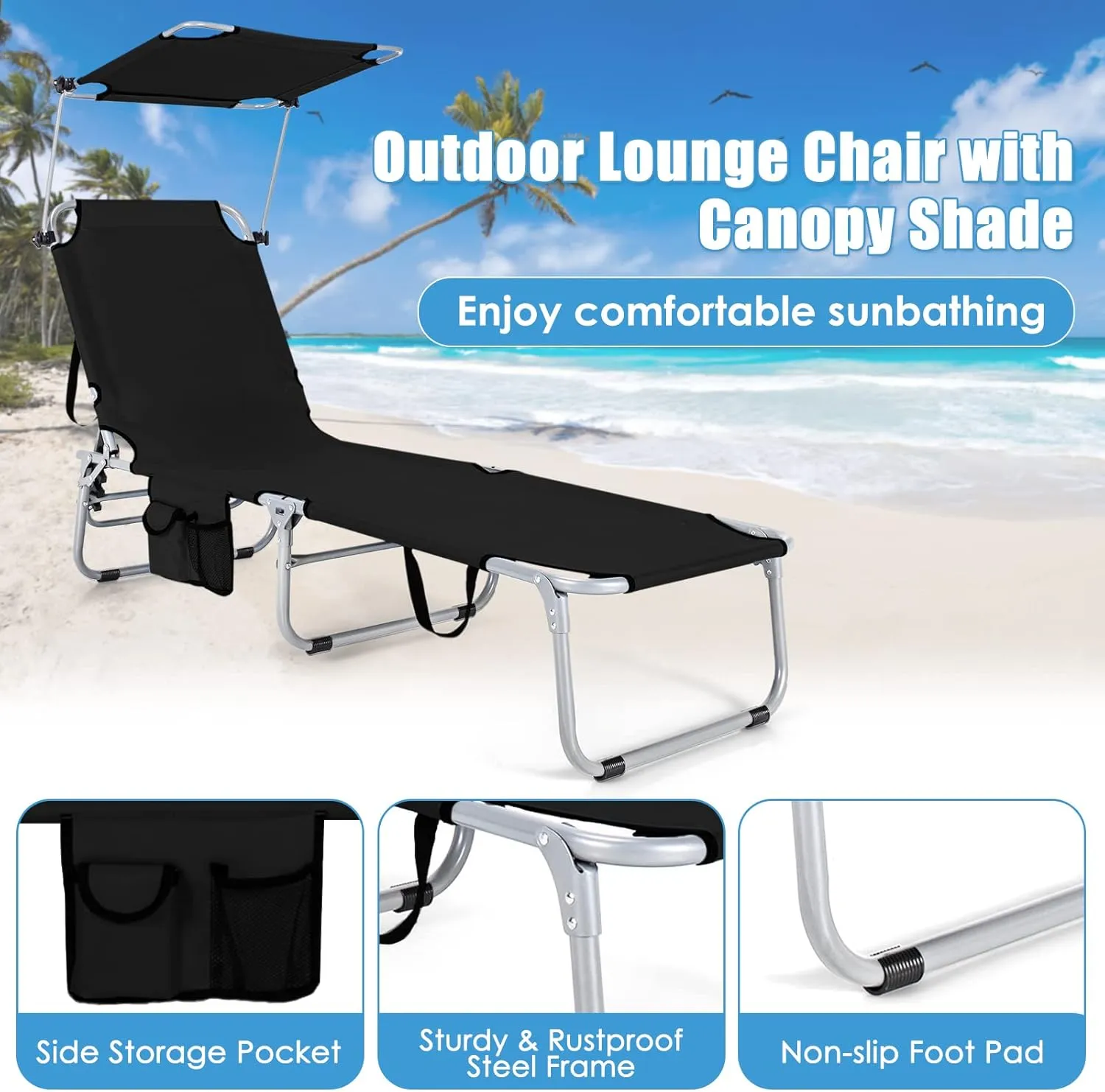 GYMAX Modern Black Outdoor Lounge Chair with Canopy, 5 Level Adjustable Layout Chaise Lounge for Outside, Folding Sunbath Chair for Outdoor, Patio, Poolside
