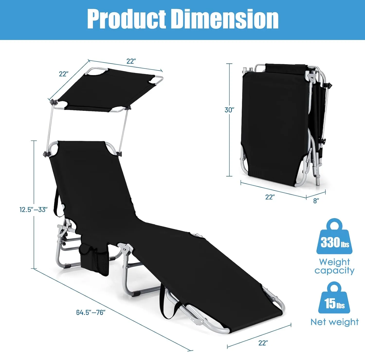GYMAX Modern Black Outdoor Lounge Chair with Canopy, 5 Level Adjustable Layout Chaise Lounge for Outside, Folding Sunbath Chair for Outdoor, Patio, Poolside