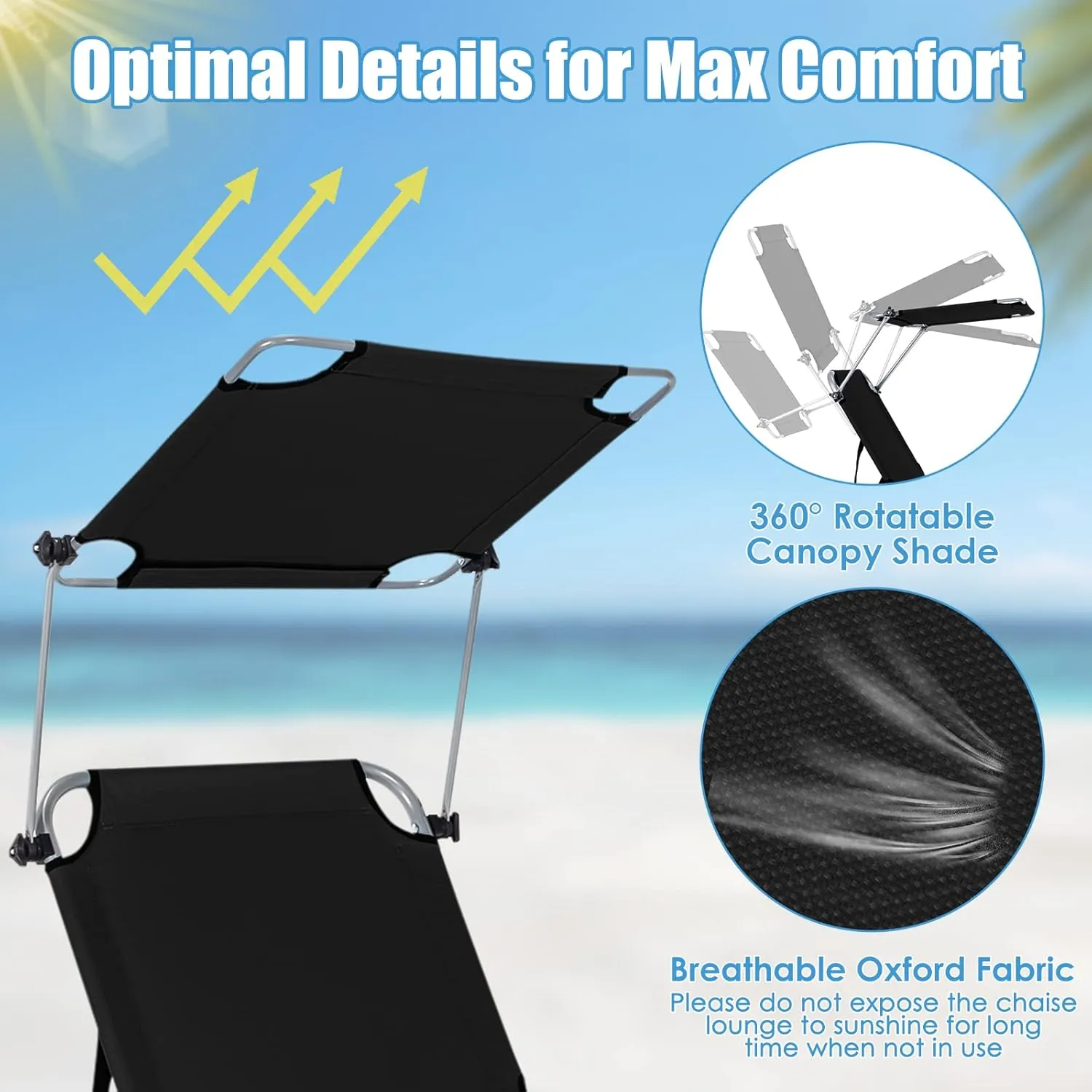 GYMAX Modern Black Outdoor Lounge Chair with Canopy, 5 Level Adjustable Layout Chaise Lounge for Outside, Folding Sunbath Chair for Outdoor, Patio, Poolside