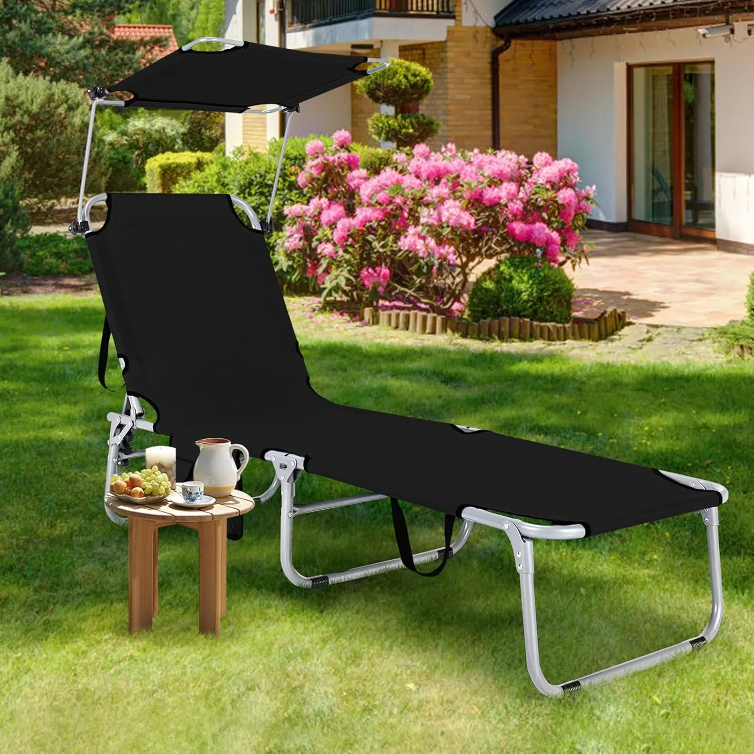 GYMAX Modern Black Outdoor Lounge Chair with Canopy, 5 Level Adjustable Layout Chaise Lounge for Outside, Folding Sunbath Chair for Outdoor, Patio, Poolside