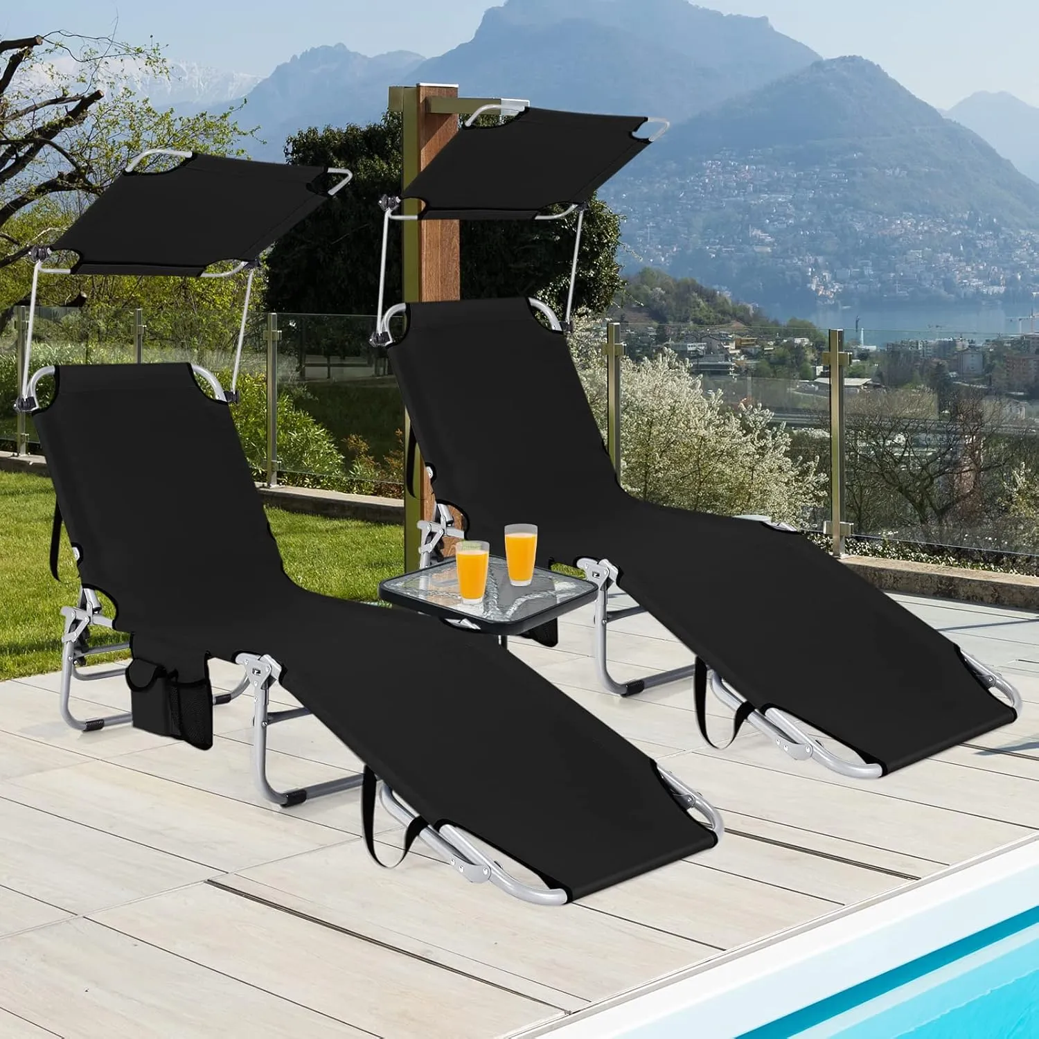 GYMAX Modern Black Outdoor Lounge Chair with Canopy, 5 Level Adjustable Layout Chaise Lounge for Outside, Folding Sunbath Chair for Outdoor, Patio, Poolside