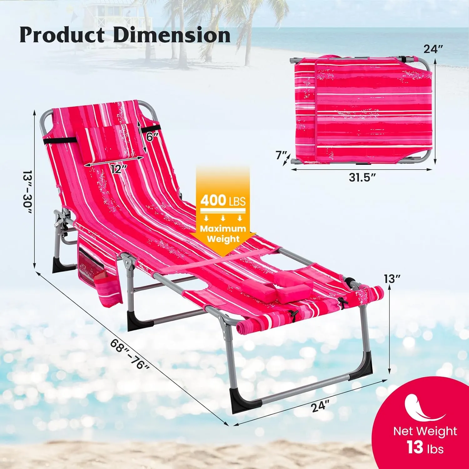 GYMAX Tanning Chair, 400LBS Beach Lounge w/Face Arm Hole & Shoulder Strap, Folding Layout Sunbath Chair, Face Down Outdoor Chaise Lounger for Patio, Poolside, Lawn, Backyard (1, Pink Stripe)