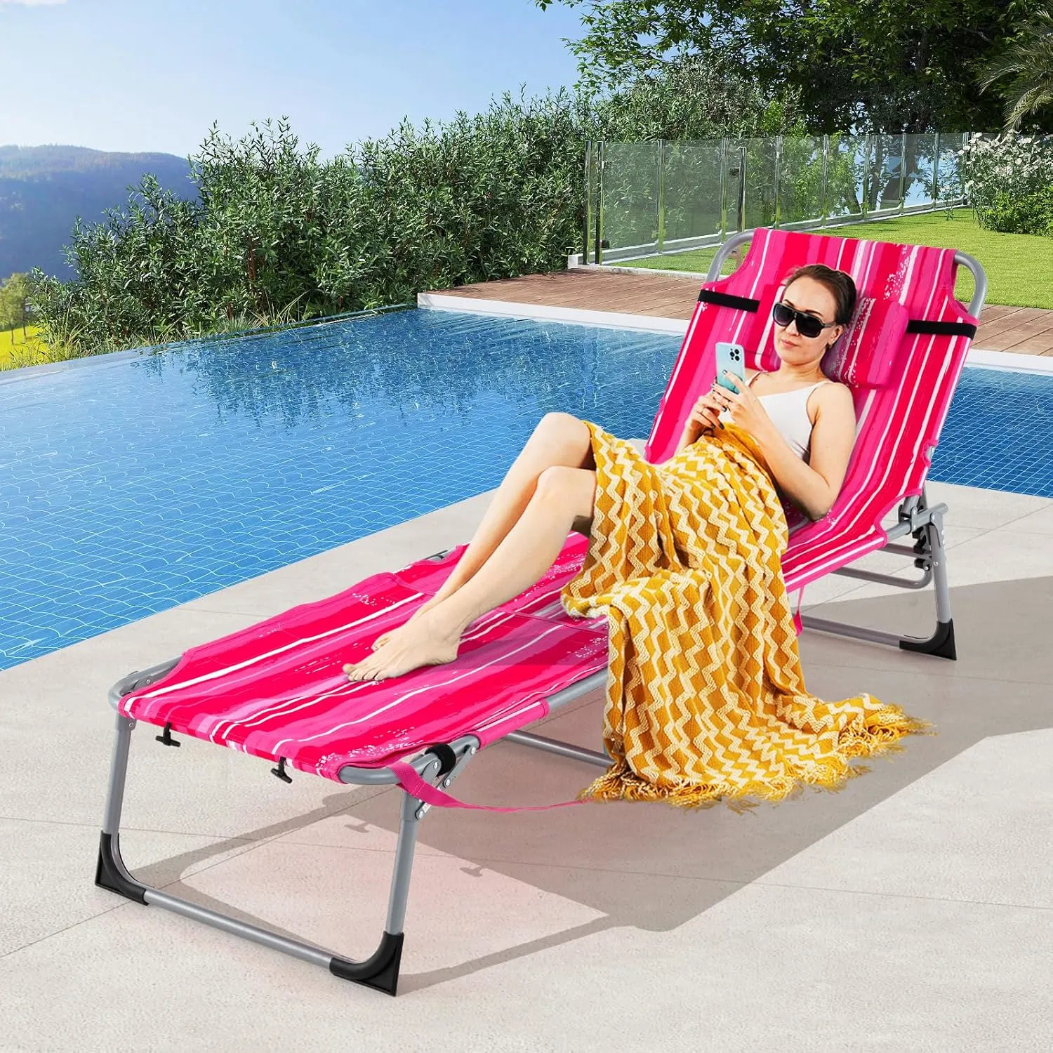 GYMAX Tanning Chair, 400LBS Beach Lounge w/Face Arm Hole & Shoulder Strap, Folding Layout Sunbath Chair, Face Down Outdoor Chaise Lounger for Patio, Poolside, Lawn, Backyard (1, Pink Stripe)