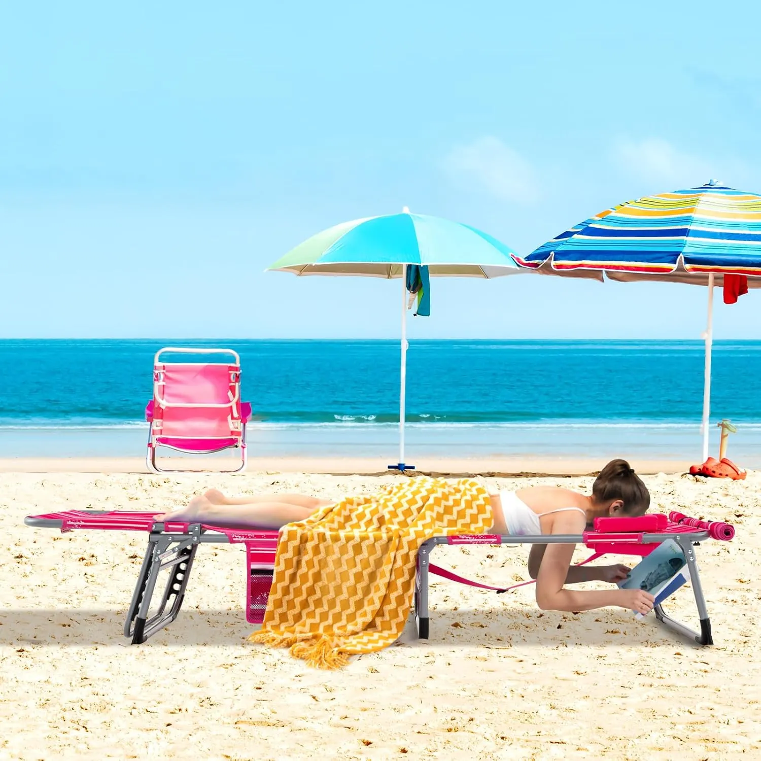 GYMAX Tanning Chair, 400LBS Beach Lounge w/Face Arm Hole & Shoulder Strap, Folding Layout Sunbath Chair, Face Down Outdoor Chaise Lounger for Patio, Poolside, Lawn, Backyard (1, Pink Stripe)